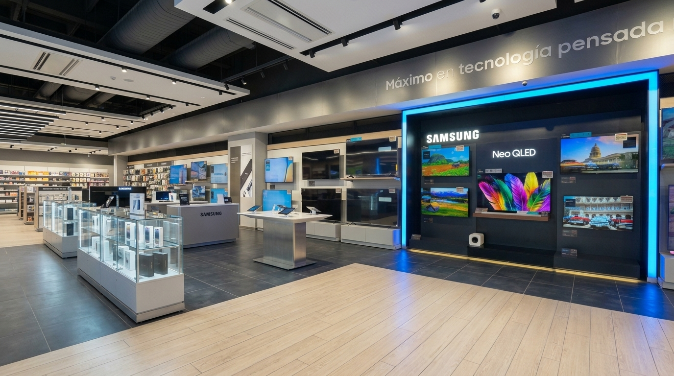 Área comercial Samsung planificada para exhibición y circulación de clientes