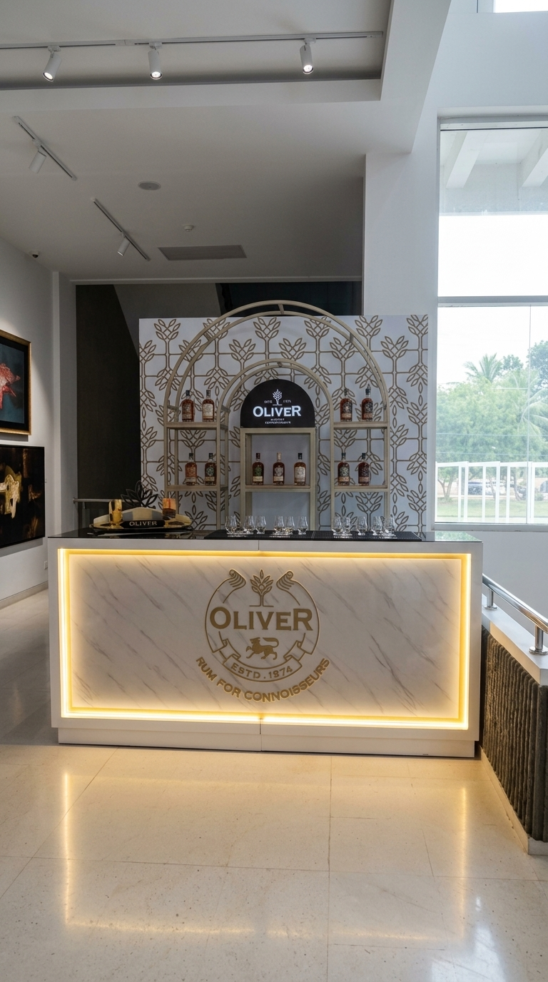 Recepción comercial con carpintería e iluminación de detalle