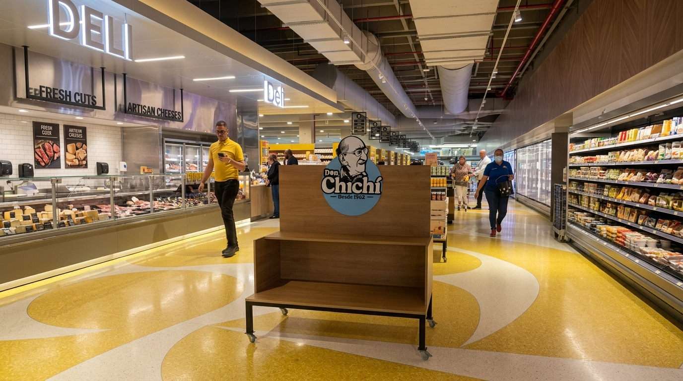 Supermercado con materialidad, iluminación y mobiliario coordinados
